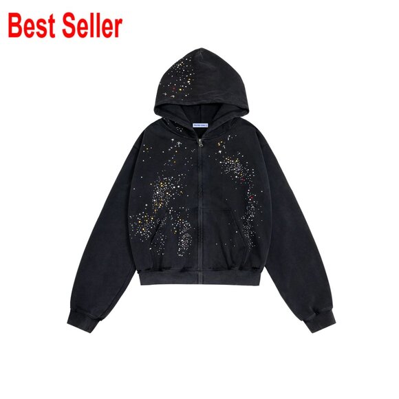 Unisex Rhinestone Zip Hoodie Loose Fit Cotton Y2K Streetwear